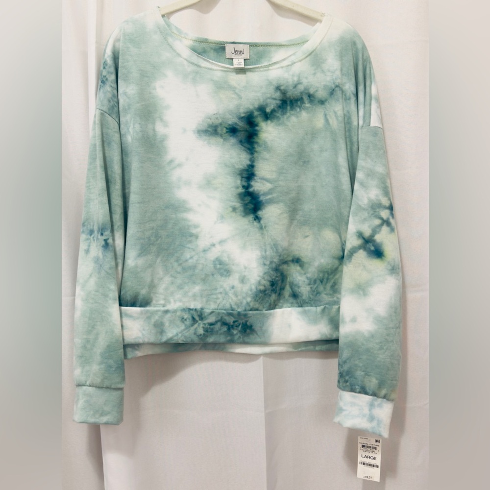 Jenni Intimates Super Soft Seafoam Green Tie-Dye Slouchy Sweatshirt Large    NWT